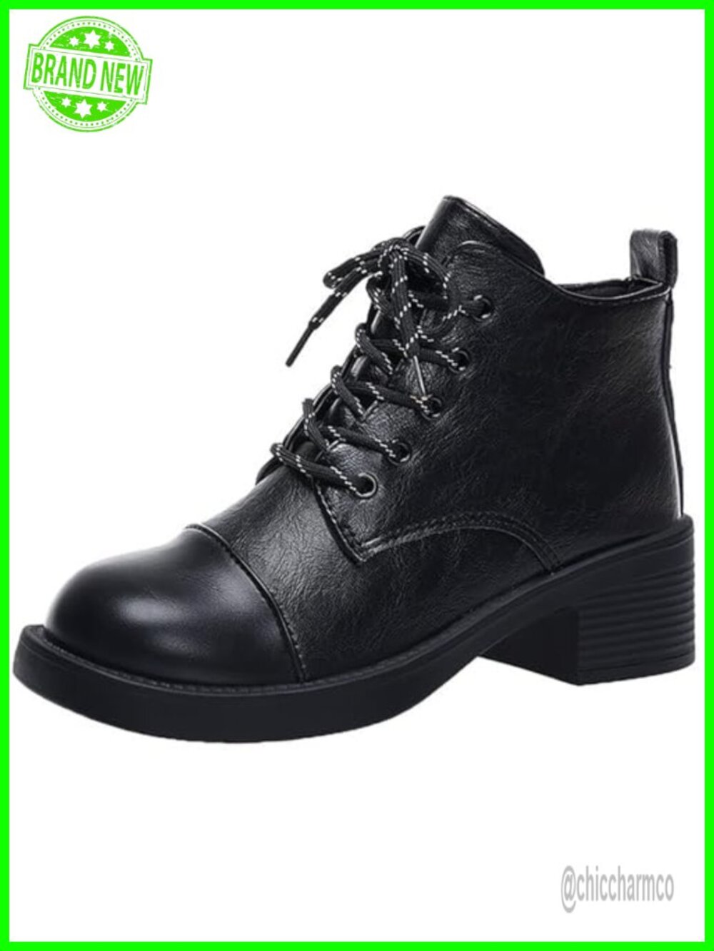 Leather Lace Up Chunky Heel Ankle Boots Round Toe Non Slip Block Heel Booties